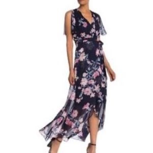 Eliza J Navy and Pink Floral High Low Wrap Split Sleeve